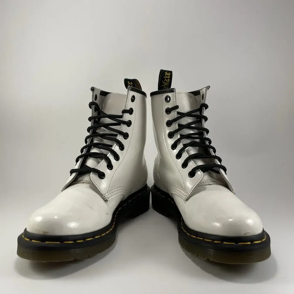 Dr Martens Doc 1460 W Combat Boots Womens Size 6 White Patent Leather Lace Up